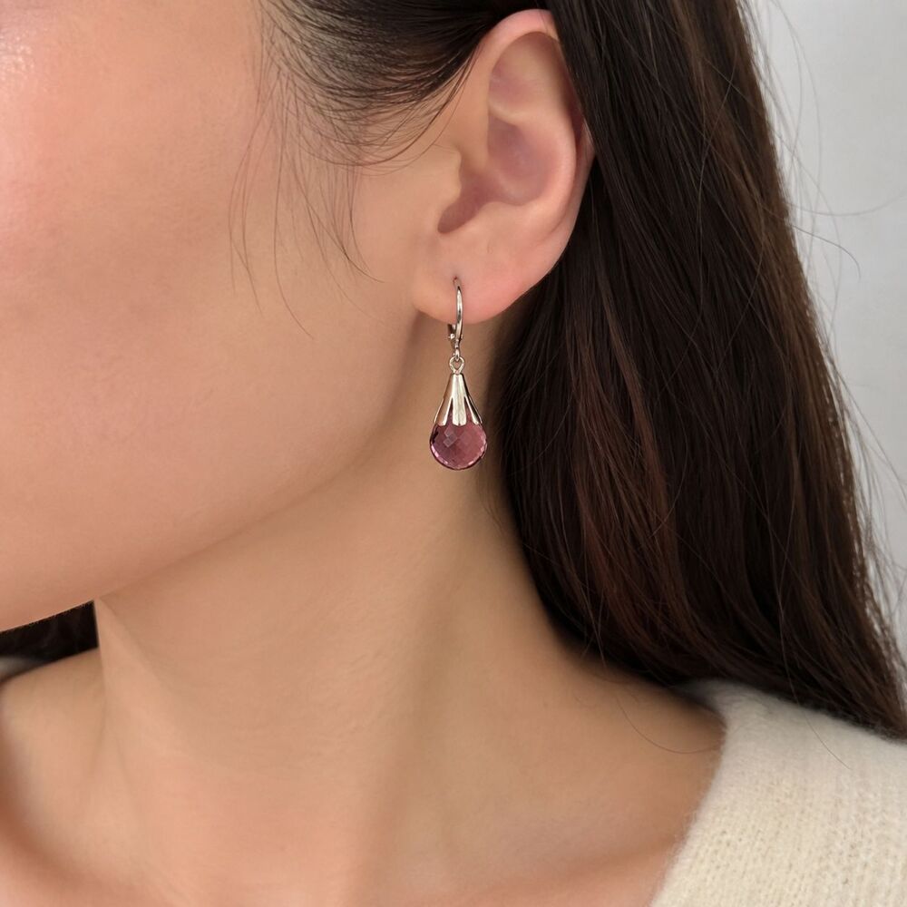 Silver Tone Metal Purple Pink Glass Faceted Stone Teardrop Drop Fashion Earrings - Picture 2 of 14